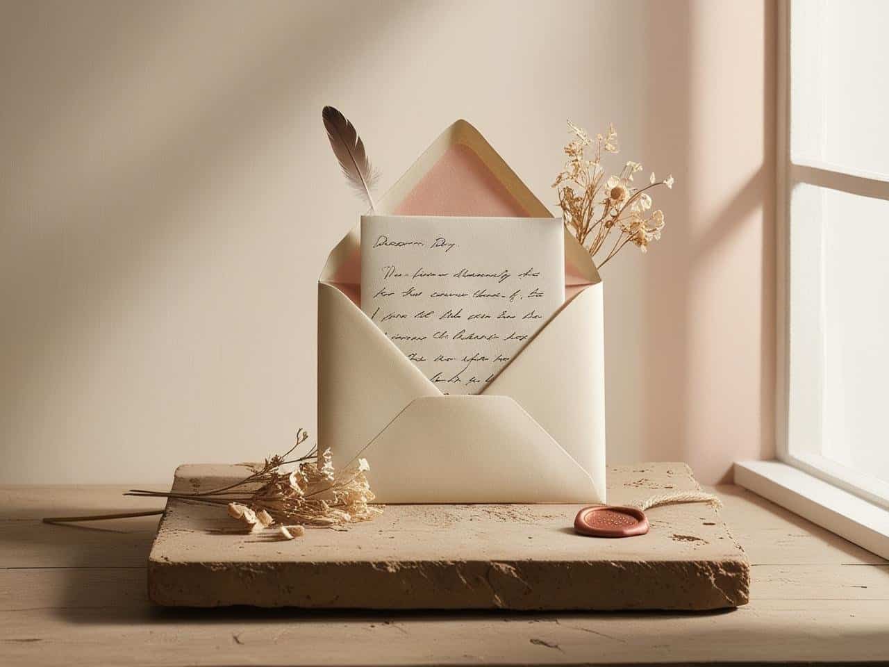 Elegant envelope with handwritten letter, feather, and wax seal – symbolizing intimate and heartfelt communication.