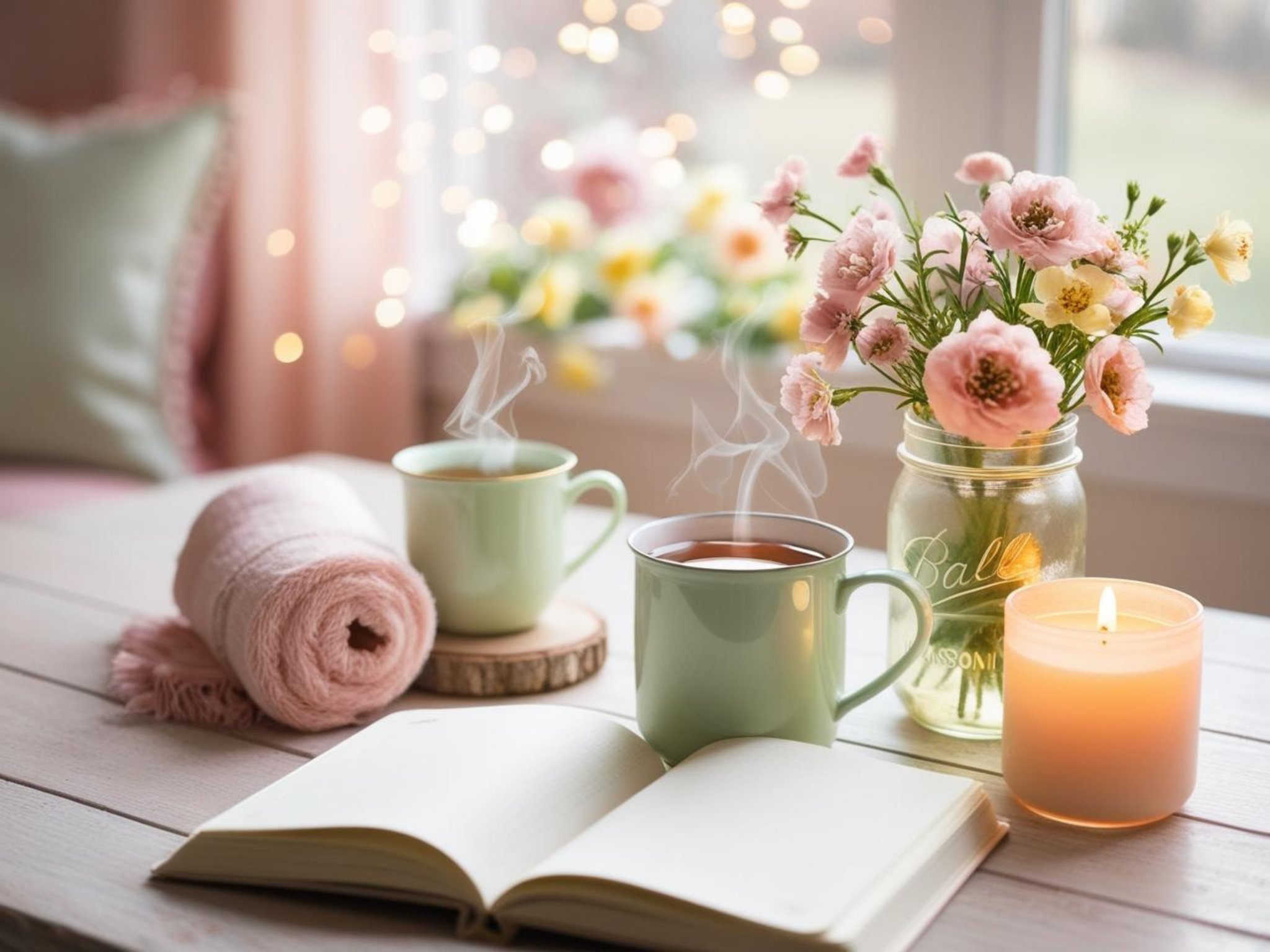 A cozy morning scene with two steaming mugs, a candle, flowers, and an open journal – evoking calm, intention, and mindful routines.