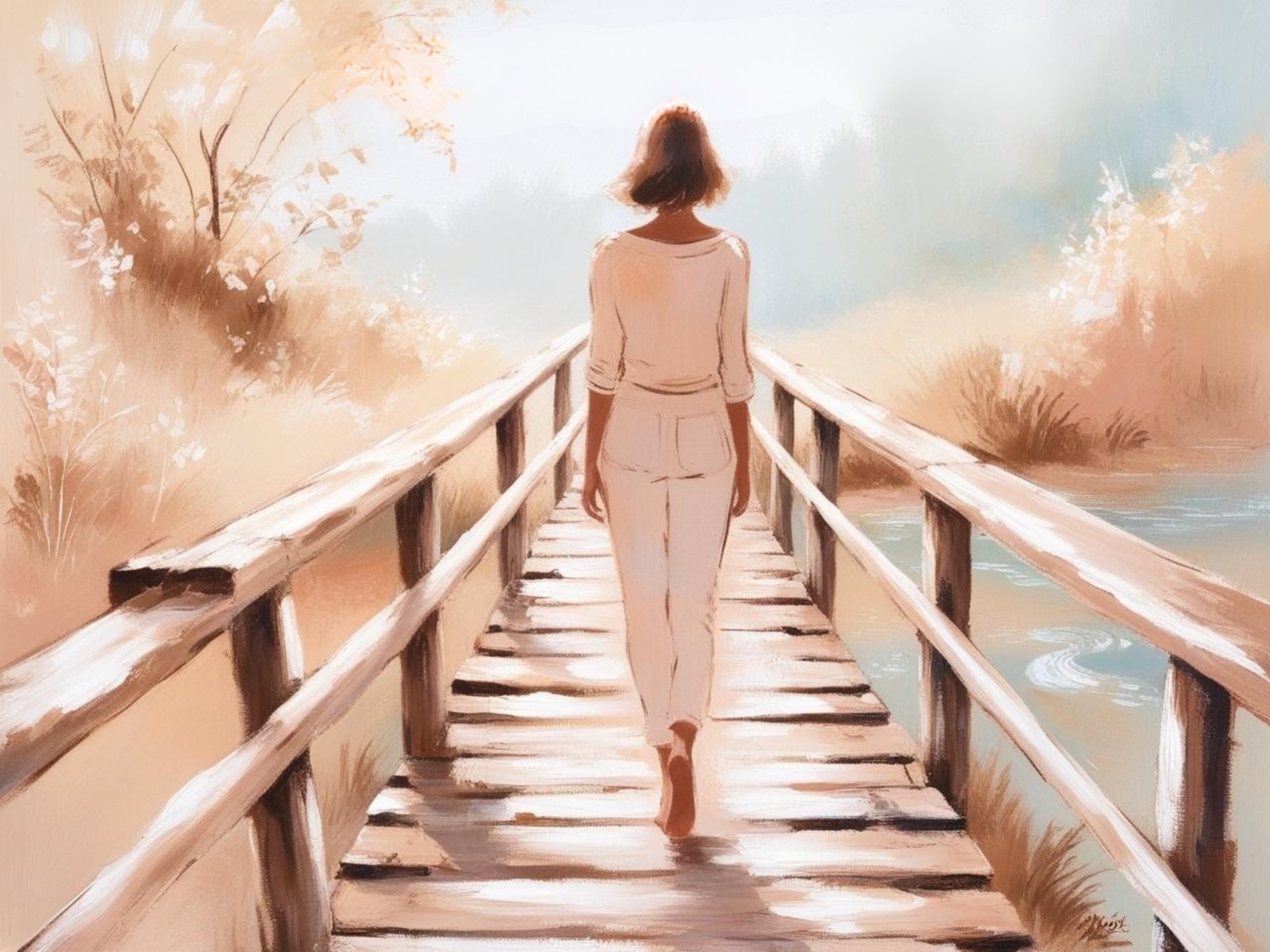 Dreamy painting of a barefoot woman walking on a wooden bridge surrounded by soft, golden light – symbolizing the inward journey.